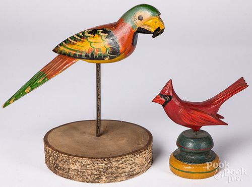 Carved and painted parrot and cardinal