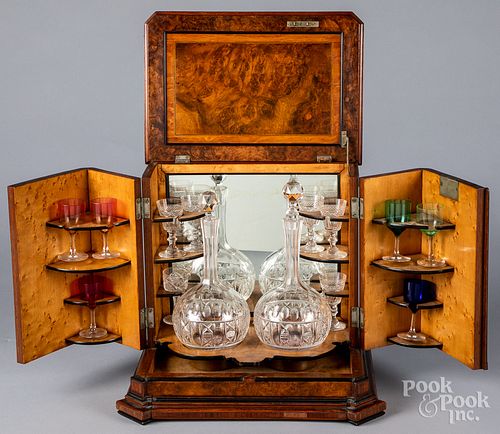 Victorian burl veneer liquor set