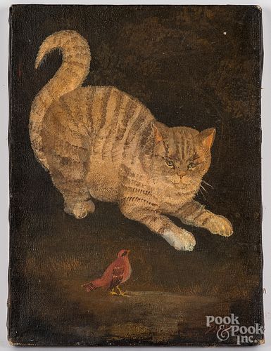 Jeanne Davies oil on canvas of a cat and bird