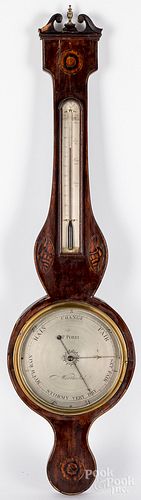 English inlaid mahogany banjo barometer, 19th c.