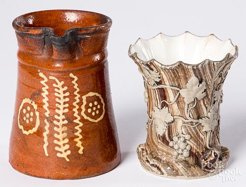 Redware pitcher and stoneware vase