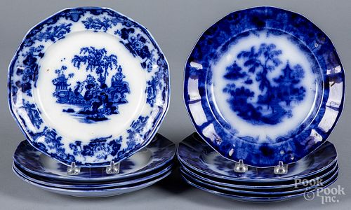 Nine flow blue Scinde pattern porcelain plates
