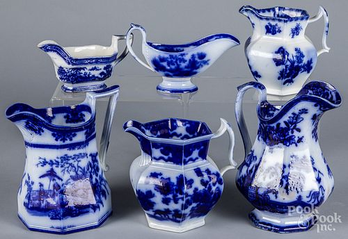 Six pieces of flow blue porcelain hollowware