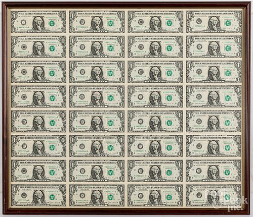 Uncut sheet of one dollar bills, etc.