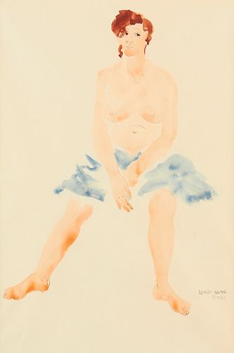 Alonzo Hauser "Untitled [seated nude female with blue towel] Watercolor and Graphite Drawing 1965