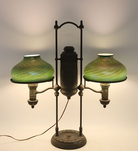 Tiffany Studios Bronze Double Shade Oil  Lamp