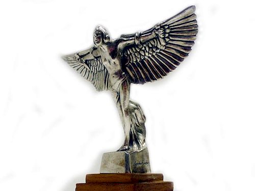 A magnificent Icarus factory mascot, designed by Frederick Gordon Crosby, silver-plated bronze const