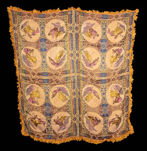 20th C. Spanish Embroidered Satin Tapestry w/ Matadors