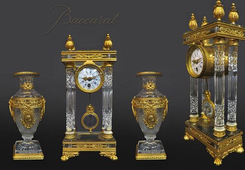 19th C. French Bronze & Baccarat Crystal Clock Set