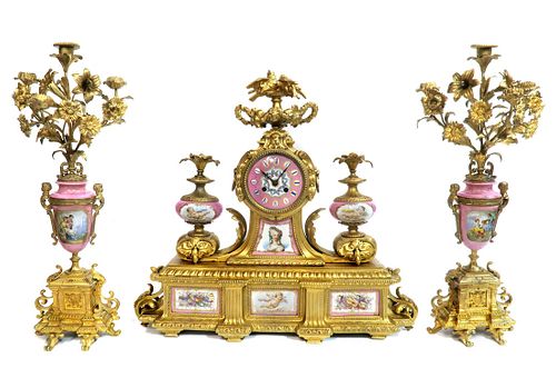 Monumental Bronze & Sevres Porcelain Clock Set
