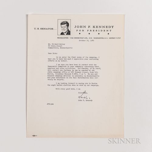 Kennedy, John F. (1917-1963) Typed Letter Signed to Richard S. Kelley, 10 October 1960, and Documents Related to the 1960 Presidential Campaign