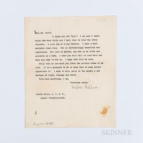 Keller, Helen (1880-1968) Typed Letter Signed, Forest Hills, New York, 27 August 1919