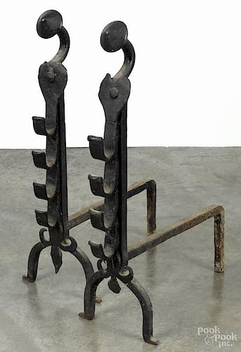 Pair of large Continental wrought iron andirons,