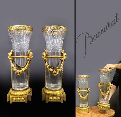 Large 19th C. Pair of Baccarat Crystal & Bronze Vases