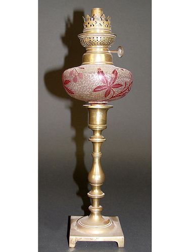 French Baccarat Glass and Bronze Oil Lamp, 19th Century