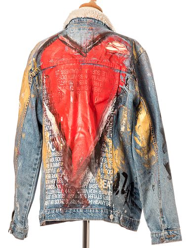 DOMINGO ZAPATA (Palma de Mallorca, 1974). Painted denim jacket. Photographs of the artist intervening the jacket are attached.