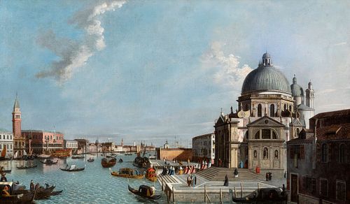 WILLIAM JAMES (London doc. 1746-1771), attributed. 
"The Grand Canal of Venice, with a procession entering Santa Maria della Salute", 18th century. 
O