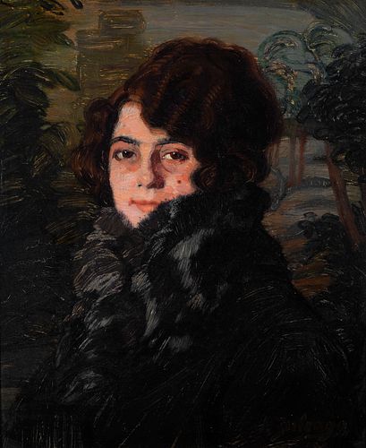 IGNACIO ZULOAGA Y ZABALETA (Éibar, Guipúzcoa, 1870 - Madrid, 1945). 
"Female portrait". 
Oil on panel. 
Signed in the lower right corner.