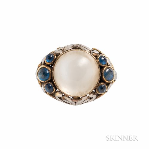 Arts and Crafts Cat's-eye Moonstone and Sapphire Ring