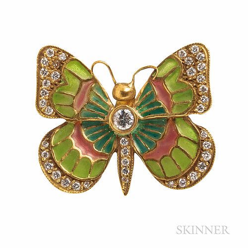 18kt Gold, Plique-a-jour Enamel, and Diamond Butterfly Brooch