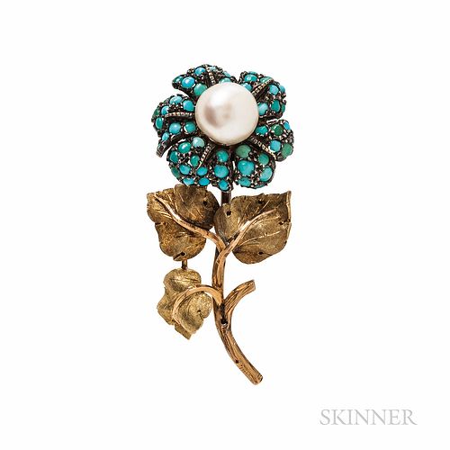 Mario Buccellati Cultured Pearl and Turquoise Flower Brooch