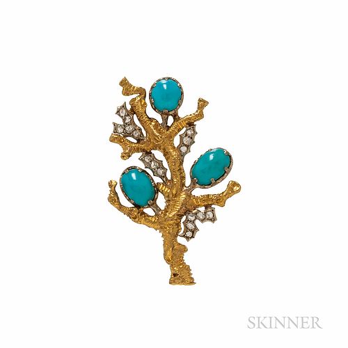 Buccellati 18kt Gold, Turquoise, and Diamond Brooch