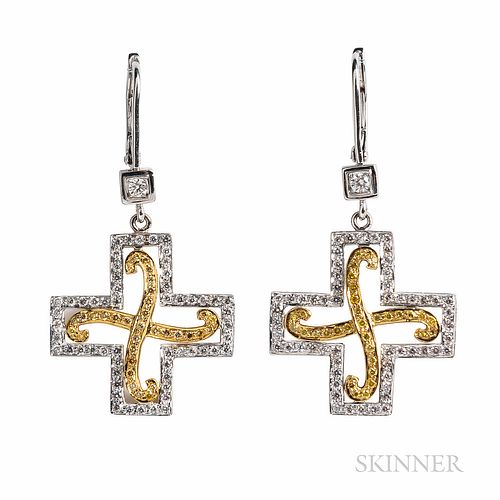 18kt Gold, Colored Diamond and Diamond Earrings
