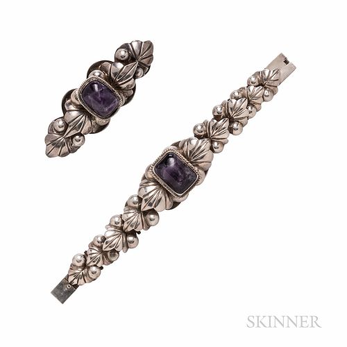 Sterling Silver and Amethyst Bracelet and Brooch
