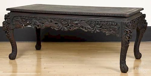 Chinese carved wood desk, late 19th c., with ov
