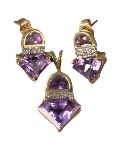 Pair of Amethyst and Gold Earrings, along with matching pendant.