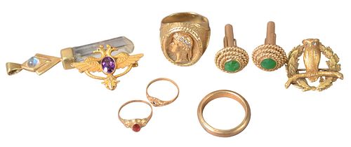 Group of Miscellaneous Gold Jewelry, to include 14 karat and emerald cufflinks, 41 grams total weight.