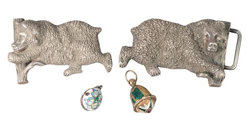 Three Piece Group, to include Russian silver bear figural belt buckle having touch marks on back, Russian enameled egg pendant, along with Egyptian en