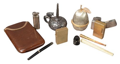 Group of Assorted Items, to include silverplate dragon oil lamps; leather case with Asprey, London 10K gold edge; Dupont lighter; pear form lighter; 1