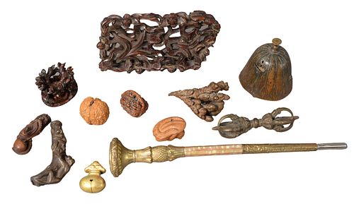 Assorted Group of Items, to include carved wood toad netsuke; spider mounted bronze bell with crabs; two carved Chinese stands; carved octopus netsuke