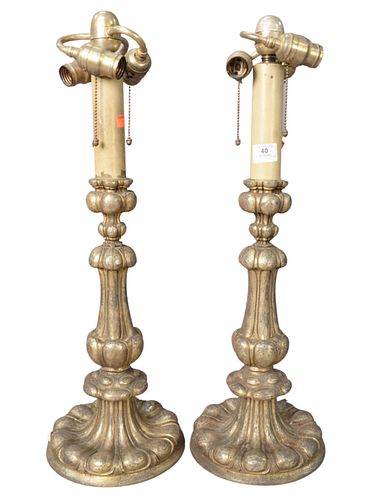 Pair of Caldwell Three Light Hand Hammered Metal Table Lamps, silvered candlestick form, both marked on the underside, height 26 1/2 inches.