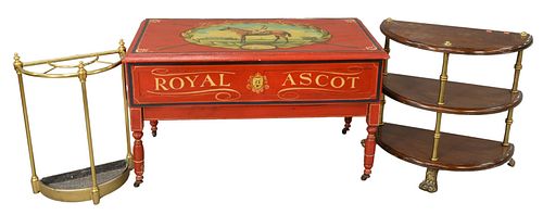 Three Piece Lot, to include a Royal Ascot paint decorated lift top chest, height 24 inches, top 21" x 42"; along with a three tier table and brass umb