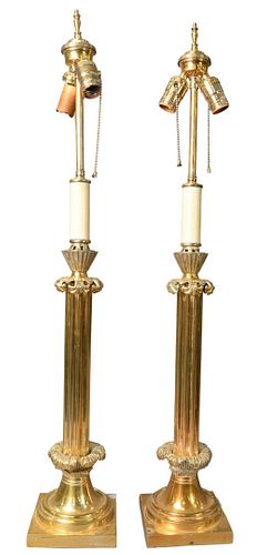 Pair of Silver Plated Table Lamps, having two lights each and mounted on square bases, overall height 34 1/2 inches, (heavily tarnished).