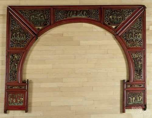 Chinese carved and painted bed bower, 58'' h., 7
