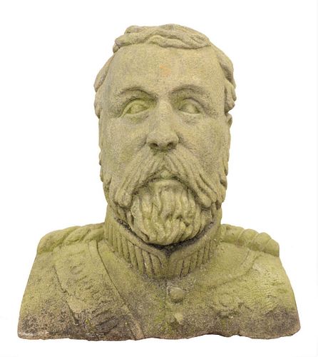 Large Carved Stone Bust of a Man, or military figure, inscribed on the reverse: GLW S.C. 1910/Born 1841; height 17 inches, width 16 1/2 inches; depth 