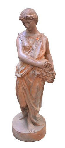 Terra Cotta Garden Statue, of a woman with a flower basket, height 46 1/2 inches, width 13 inches.