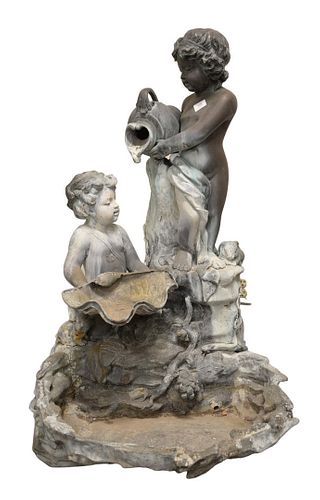 French Bronze Figural Fountain, having two putti, height 48 inches, width 29 inches, depth 28 inches.