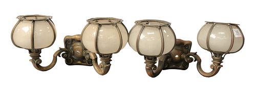 Pair of Art Nouveau Two Light Bronze Wall Sconces, possibly Handel, height 8 inches, width 14 inches.
