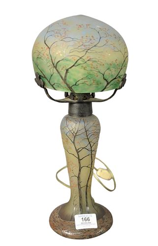 Legras Cameo Glass Table Lamp, having floral and tree decorations, height 14 inches, width 6 inches.
