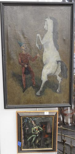 Two Piece Lot, to include a Harlequin figure and a rearing white horse, oil on canvas, initialed "SR," lower right, 35" x 23"; along with a clown with