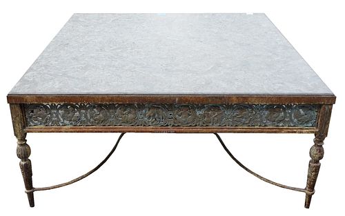 Large Square Iron and Bronze Zodiac Coffee Table with Marble Top, top 48" x 48", height 21 inches.