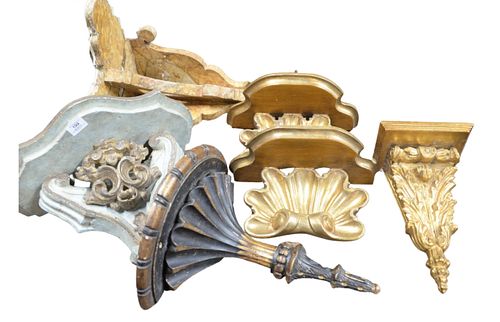 Group of Seven Painted Wood Bracket Shelves, to include one giltwood pair, largest height 15 1/2 inches, width 13 1/2 inches, depth 12 1/2 inches.