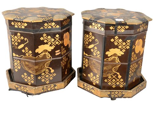 Pair of Chinese Black Lacquer Stacking Boxes, having gold paint, height 17 1/2 inches, width 16 inches.
