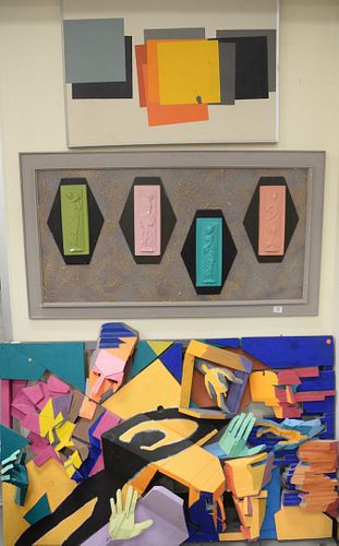 Four Piece Lot, to include Michael Hollis (American, b. 1953), Grecian Echoes, 1982, mixed media with construction and ceramic tile, unsigned, 29 1/2"