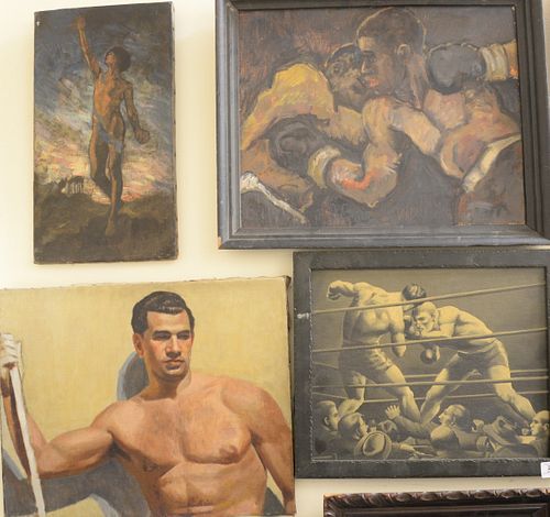 Four Piece Lot, to include two boxers fighting, oil on Masonite, signed lower center; boxers in a ring, oil on canvas board, unsigned; a male torso, o