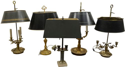 Group of Five Table Lamps, to include four bouillotte lamps, each having tole shades; along with one table lamp having a gilt metal base, overall tall
